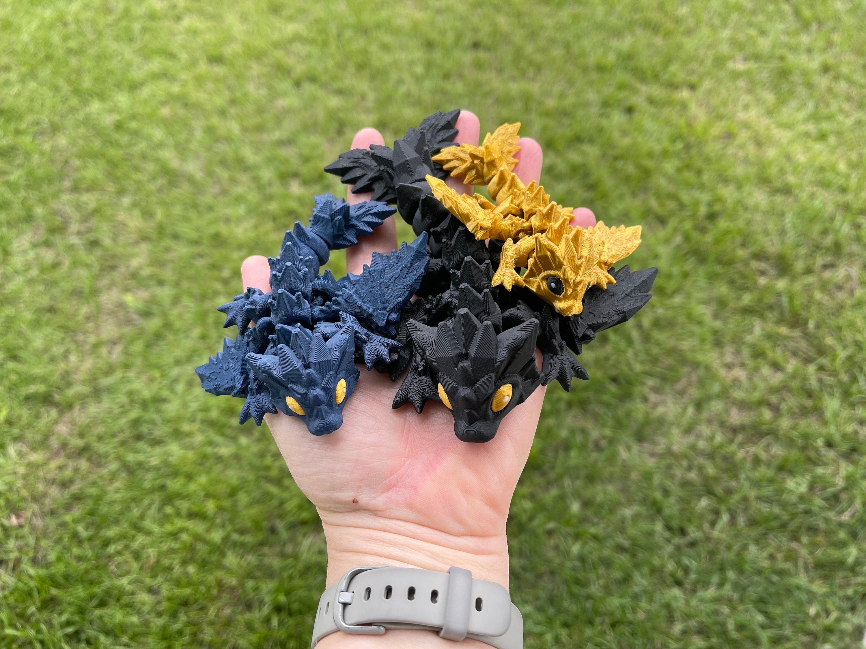 Mini Black, Blue and Gold Combo Set 3D Print Articulating Dragons Bookshelf Decor-Create Fantasy Crafts
