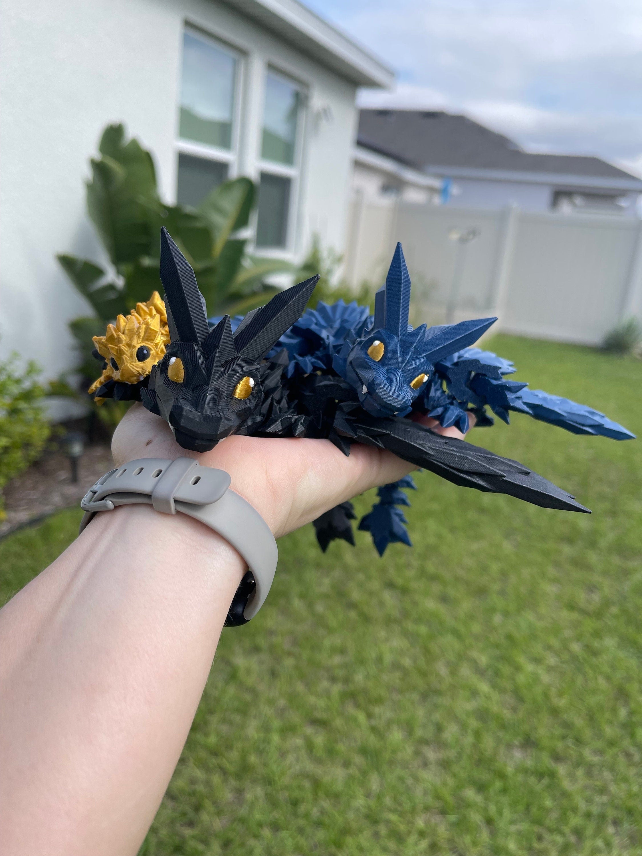 Black, Blue, and Gold Dragon Combo Set Large or Extra Large 3D Print Articulating Dragons-Create Fantasy Crafts