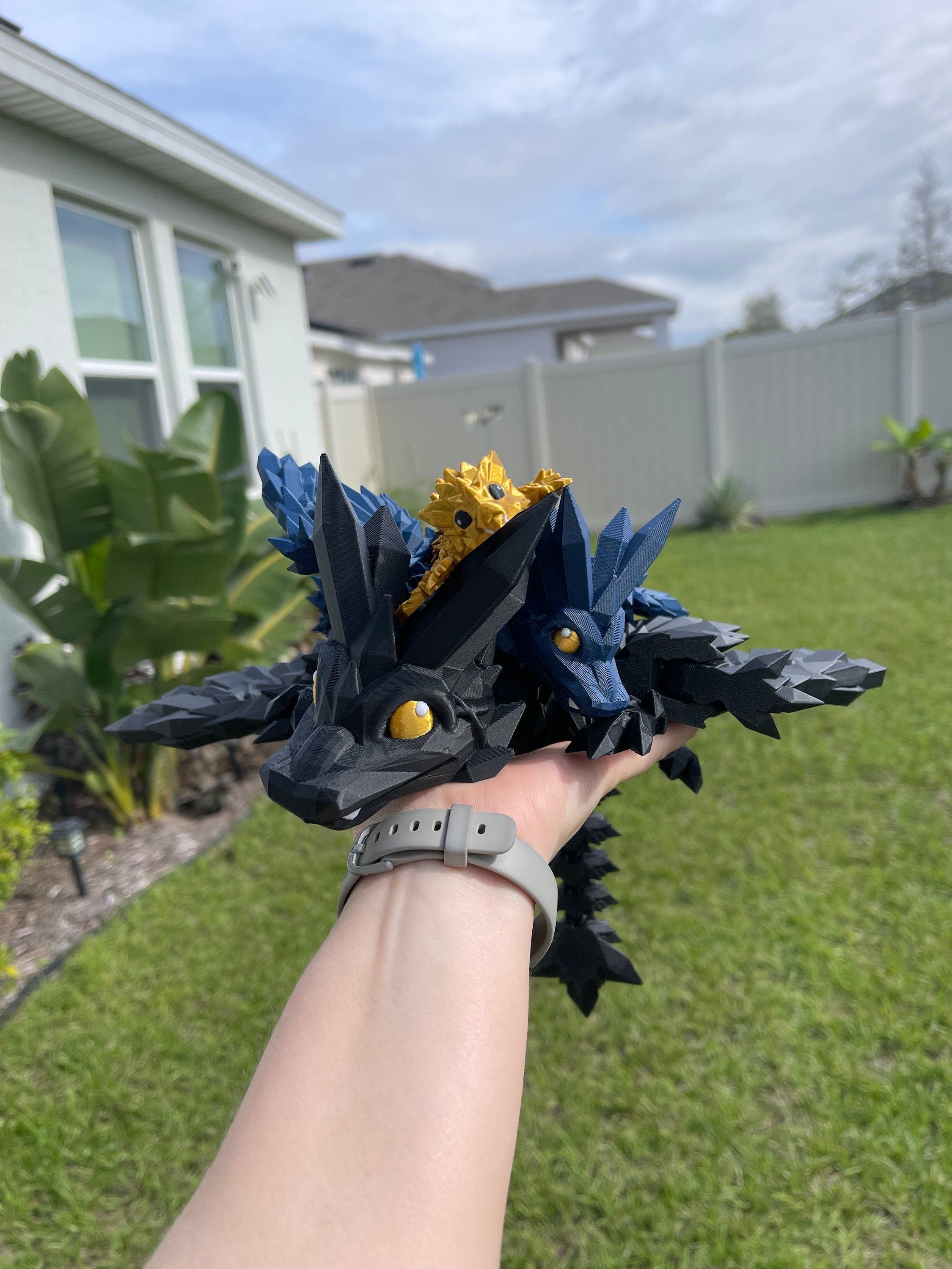 Black, Blue, and Gold Dragon Combo Set Large or Extra Large 3D Print Articulating Dragons-Create Fantasy Crafts