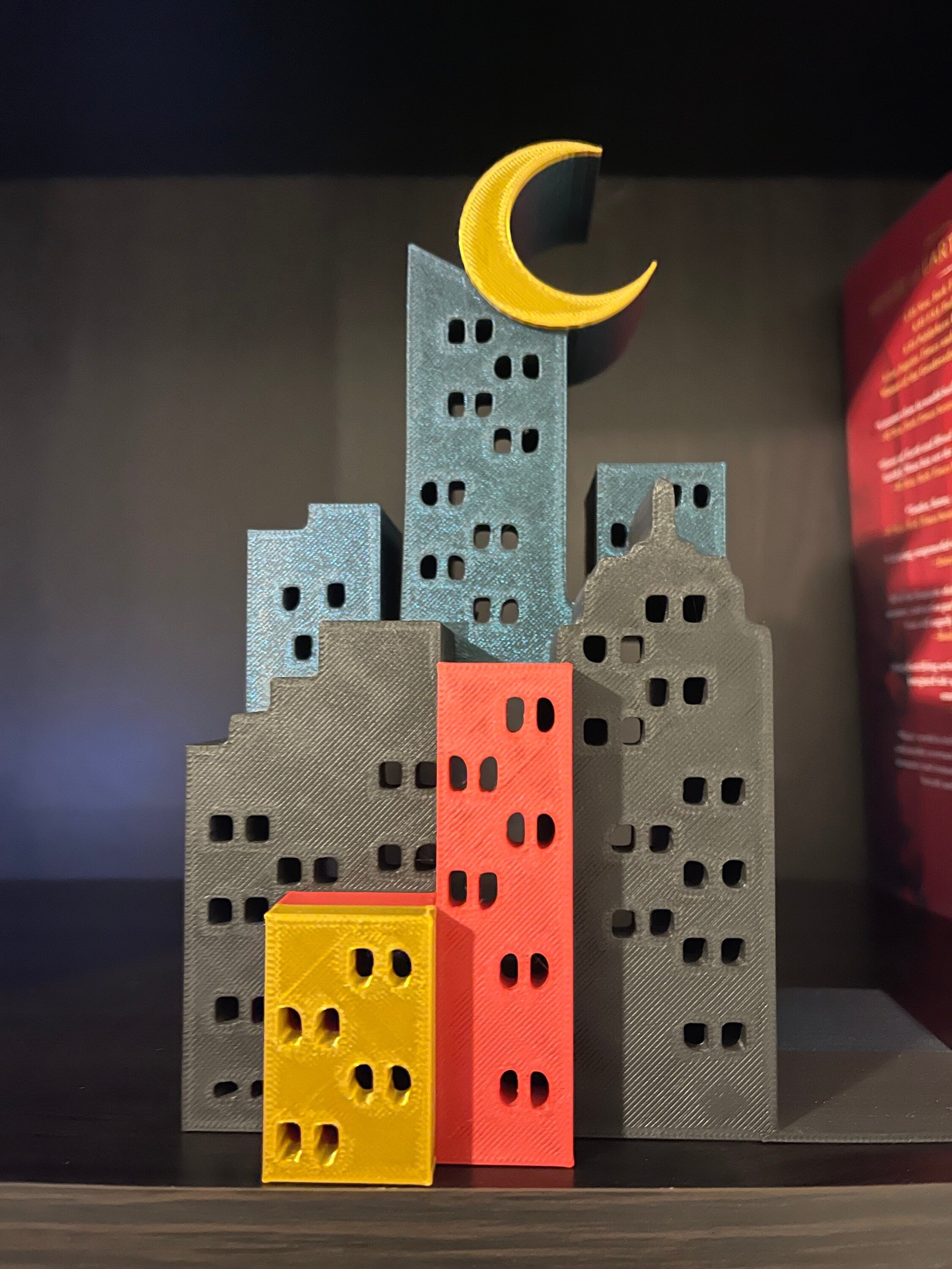Cityscape with Crescent Moon Bookend or Nook - Bookshelf Decor Bookish Merch-Create Fantasy Crafts