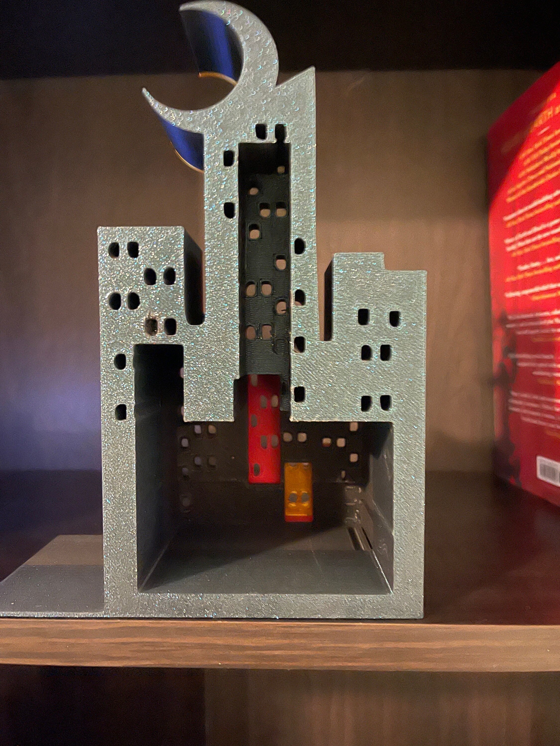Cityscape with Crescent Moon Bookend or Nook - Bookshelf Decor Bookish Merch-Create Fantasy Crafts