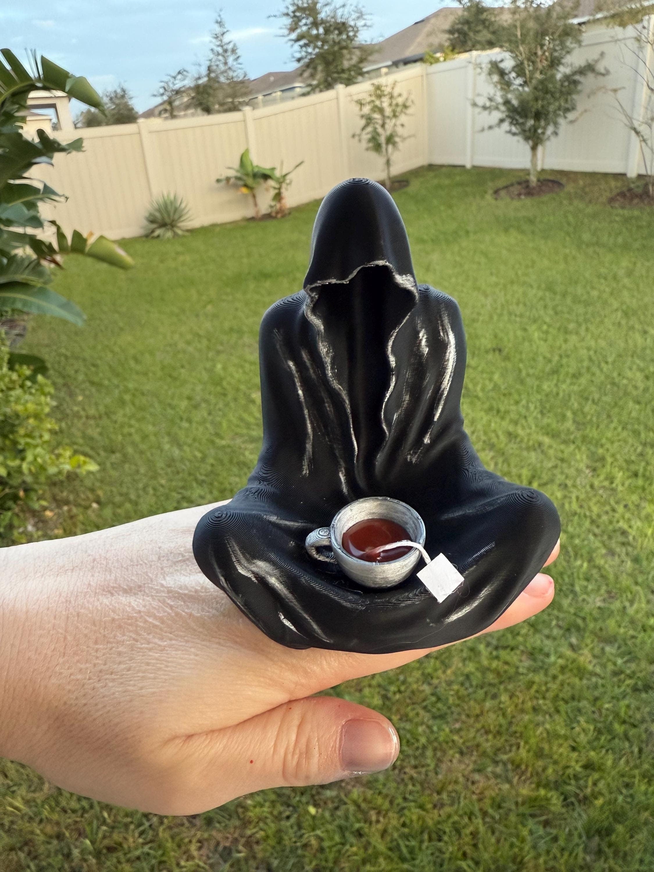 Sitting Ghost Figure with Attached Tea Cup - 3D Printed - Hand Painted-Create Fantasy Crafts
