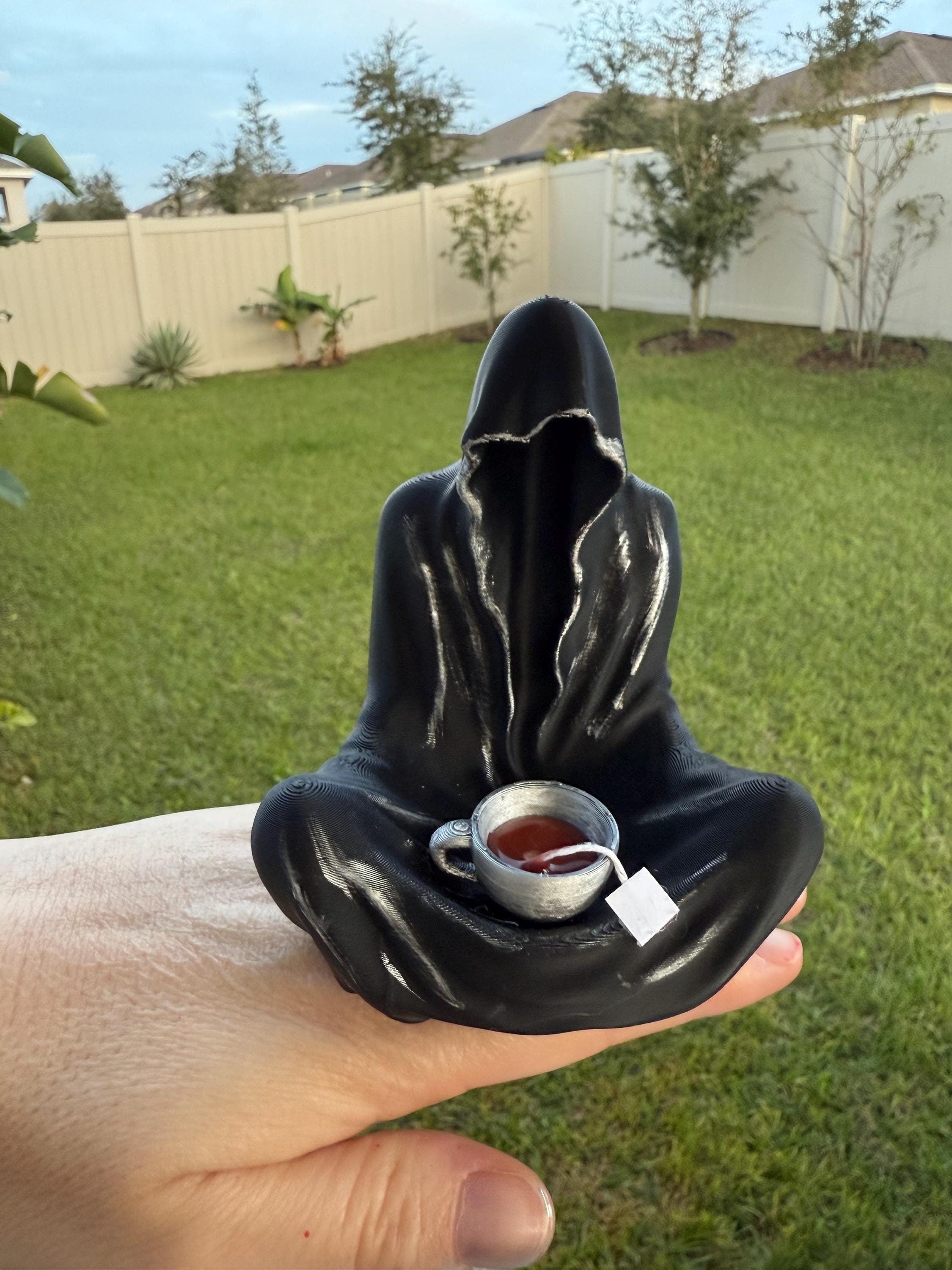 Sitting Ghost Figure with Attached Tea Cup - 3D Printed - Hand Painted-Create Fantasy Crafts