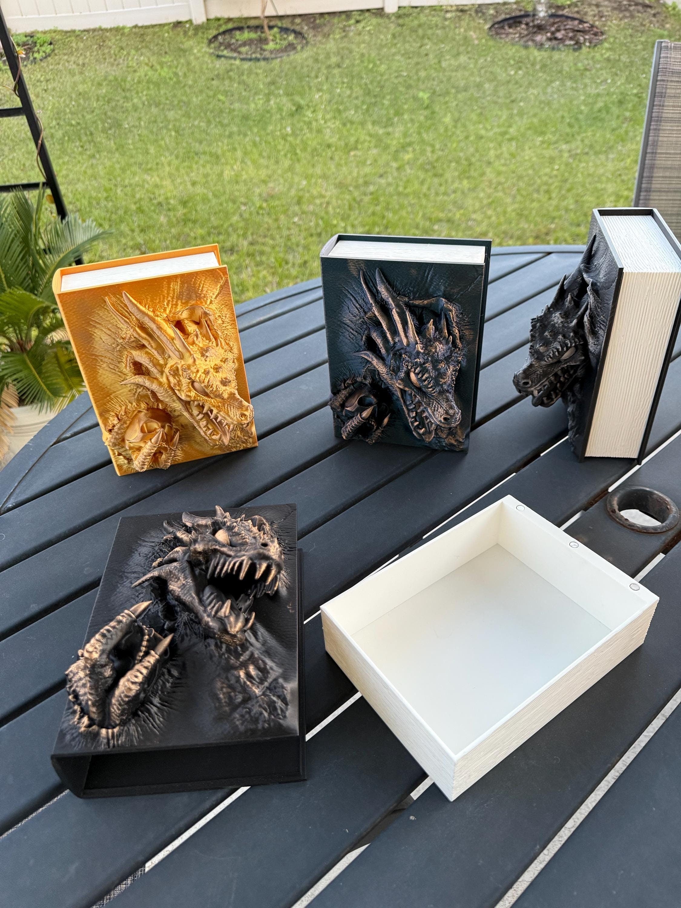 Dragon Book Storage Box 3D Printed - Metallic Wax Finish - Stash Box Storage D&D Dice Card Box-Create Fantasy Crafts