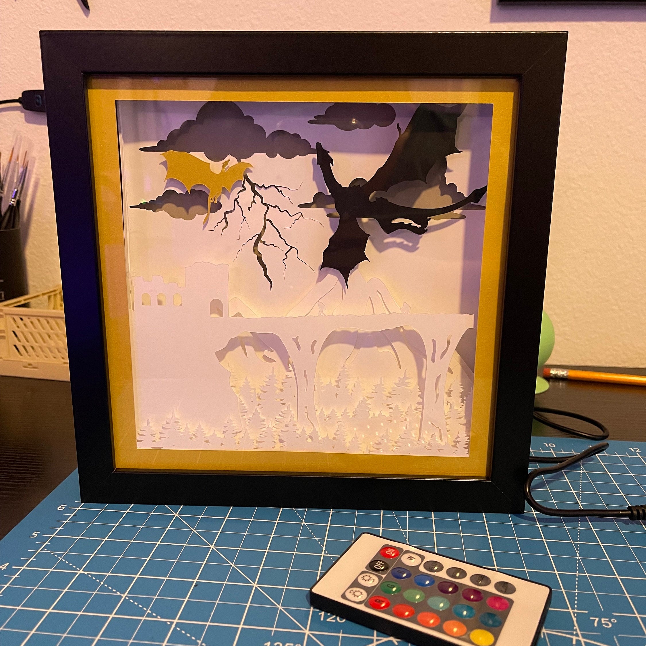 Dragon Lightbox LED Backlit layered cardstock shadowbox Bookshelf Decor-Create Fantasy Crafts