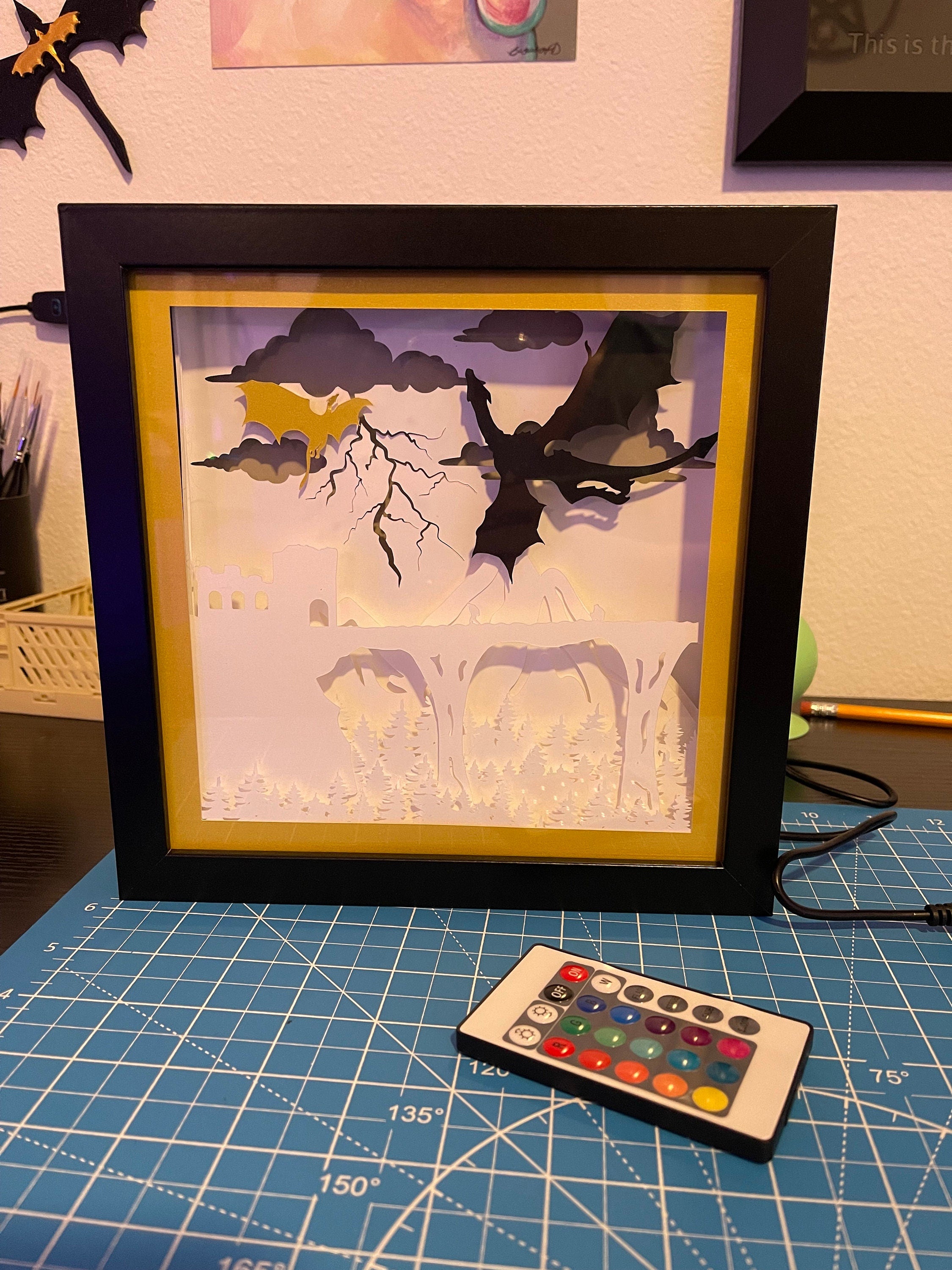 Dragon Lightbox LED Backlit layered cardstock shadowbox Bookshelf Decor-Create Fantasy Crafts