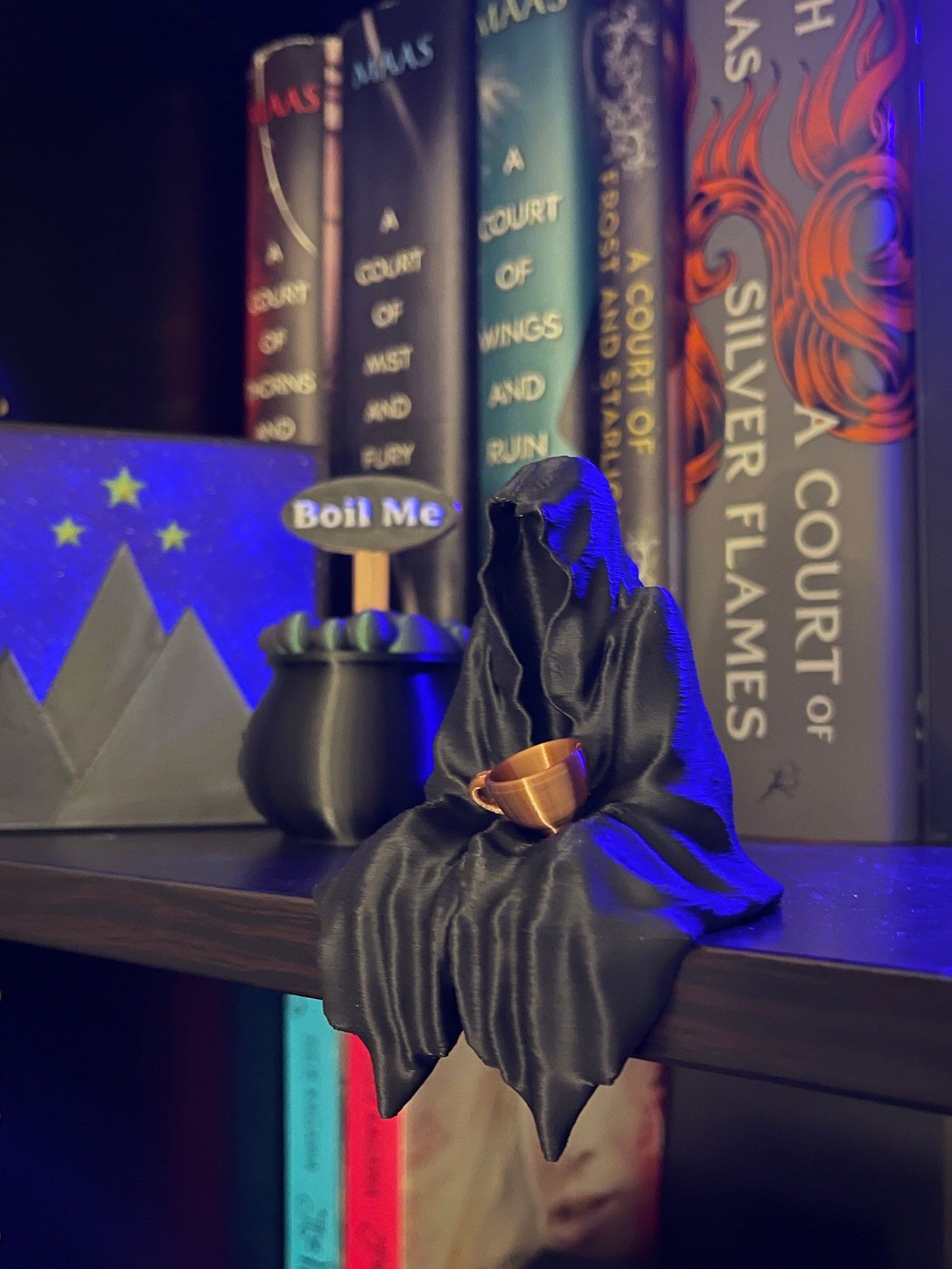 Sitting Ghost Figurine with Tea Cup 3D Print Book Self Decor Bookish Merch Grim Reaper Customizable Size and Color-Create Fantasy Crafts