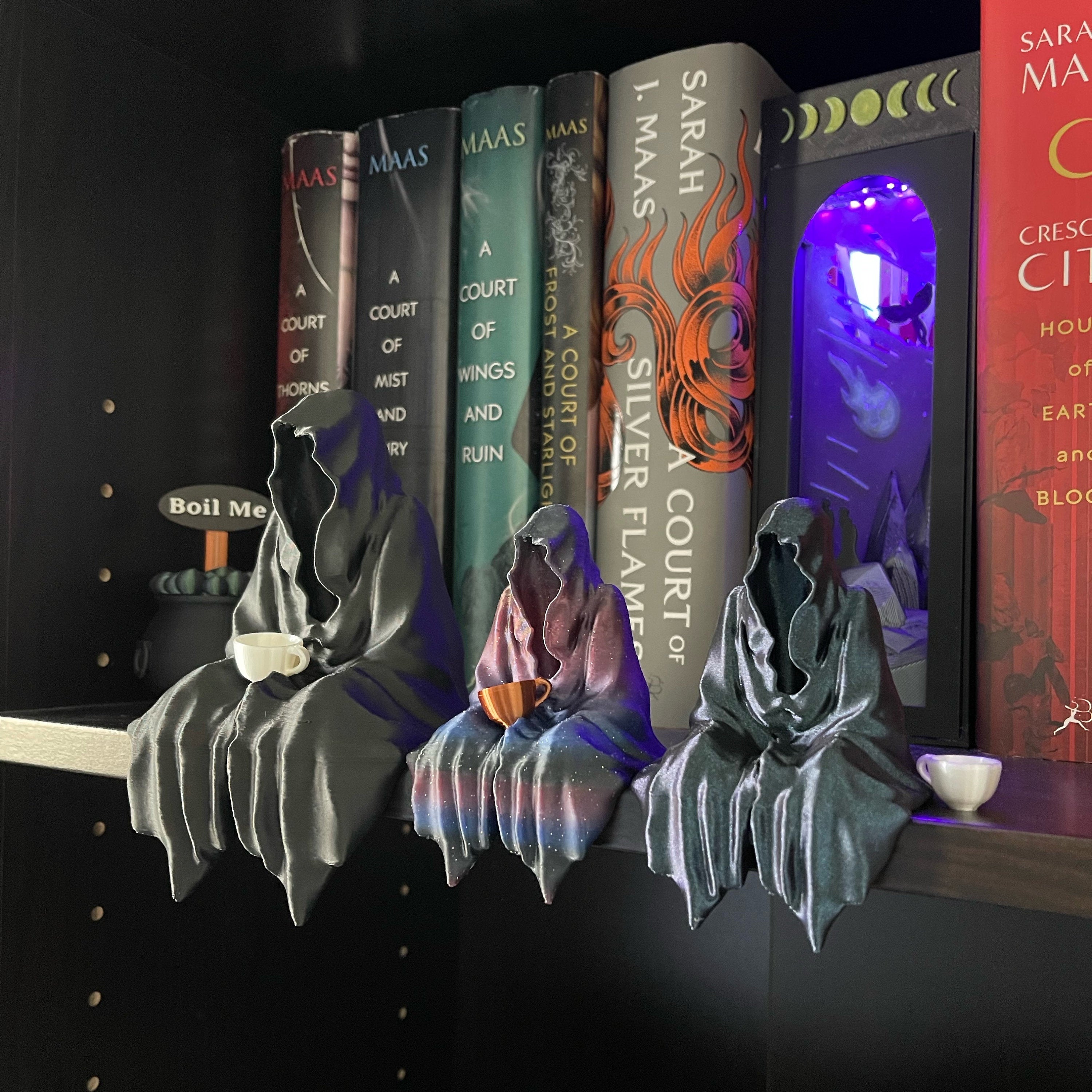 Sitting Ghost Figurine with Tea Cup 3D Print Book Self Decor Bookish Merch Grim Reaper Customizable Size and Color-Create Fantasy Crafts