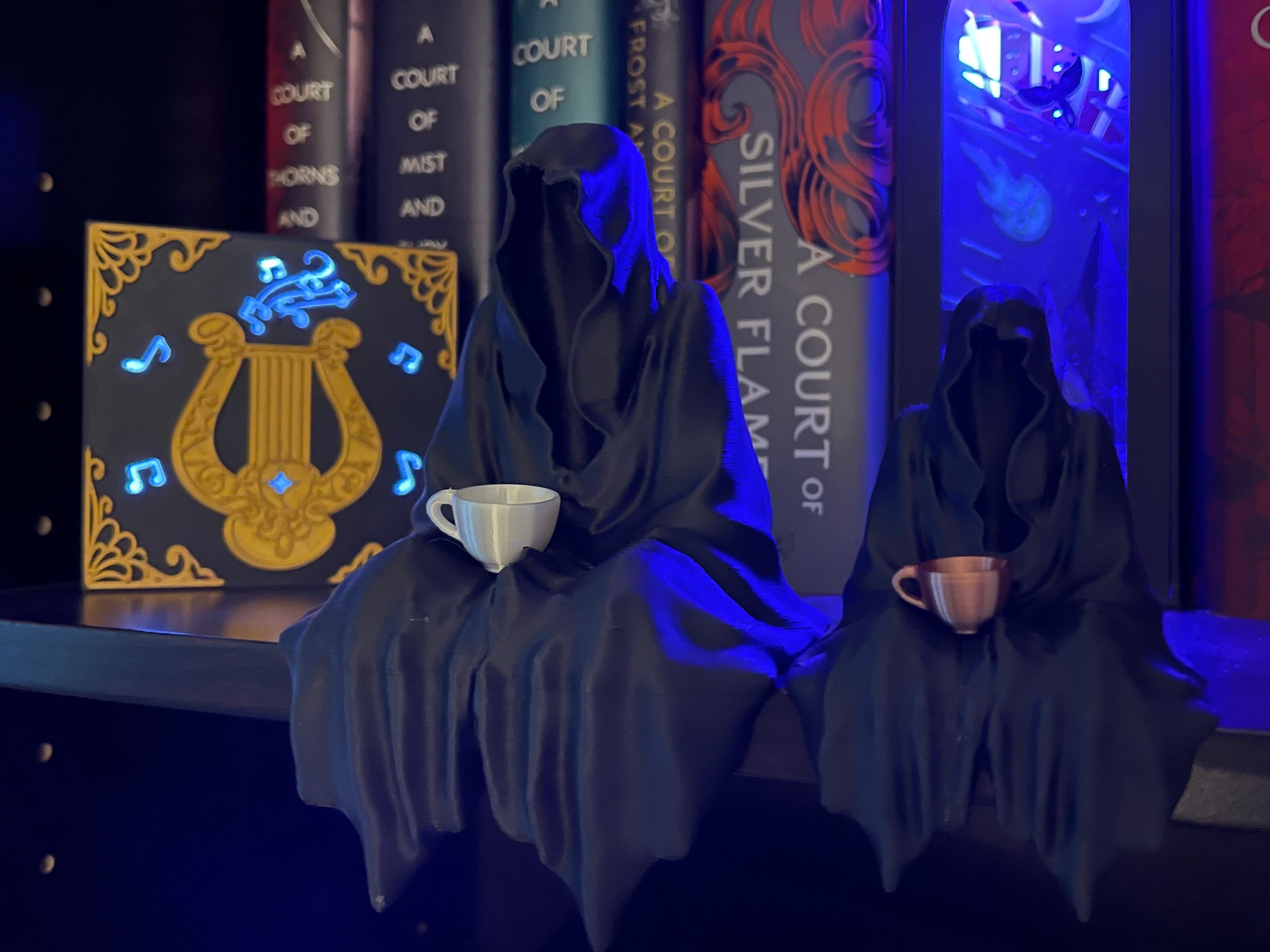Sitting Ghost Figurine with Tea Cup 3D Print Book Self Decor Bookish Merch Grim Reaper Customizable Size and Color-Create Fantasy Crafts