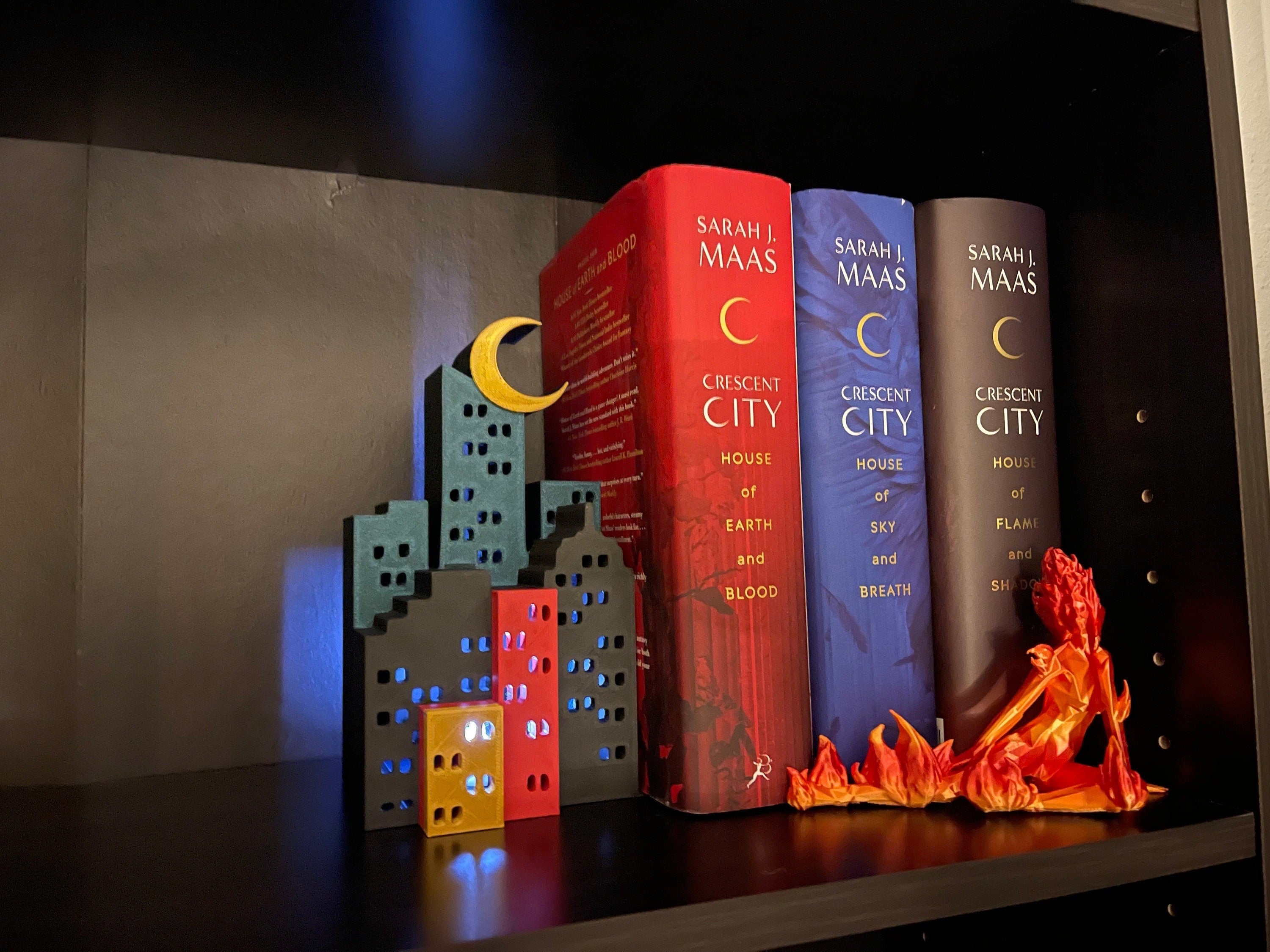 Cityscape with Crescent Moon Bookend or Nook - Bookshelf Decor Bookish Merch-Create Fantasy Crafts