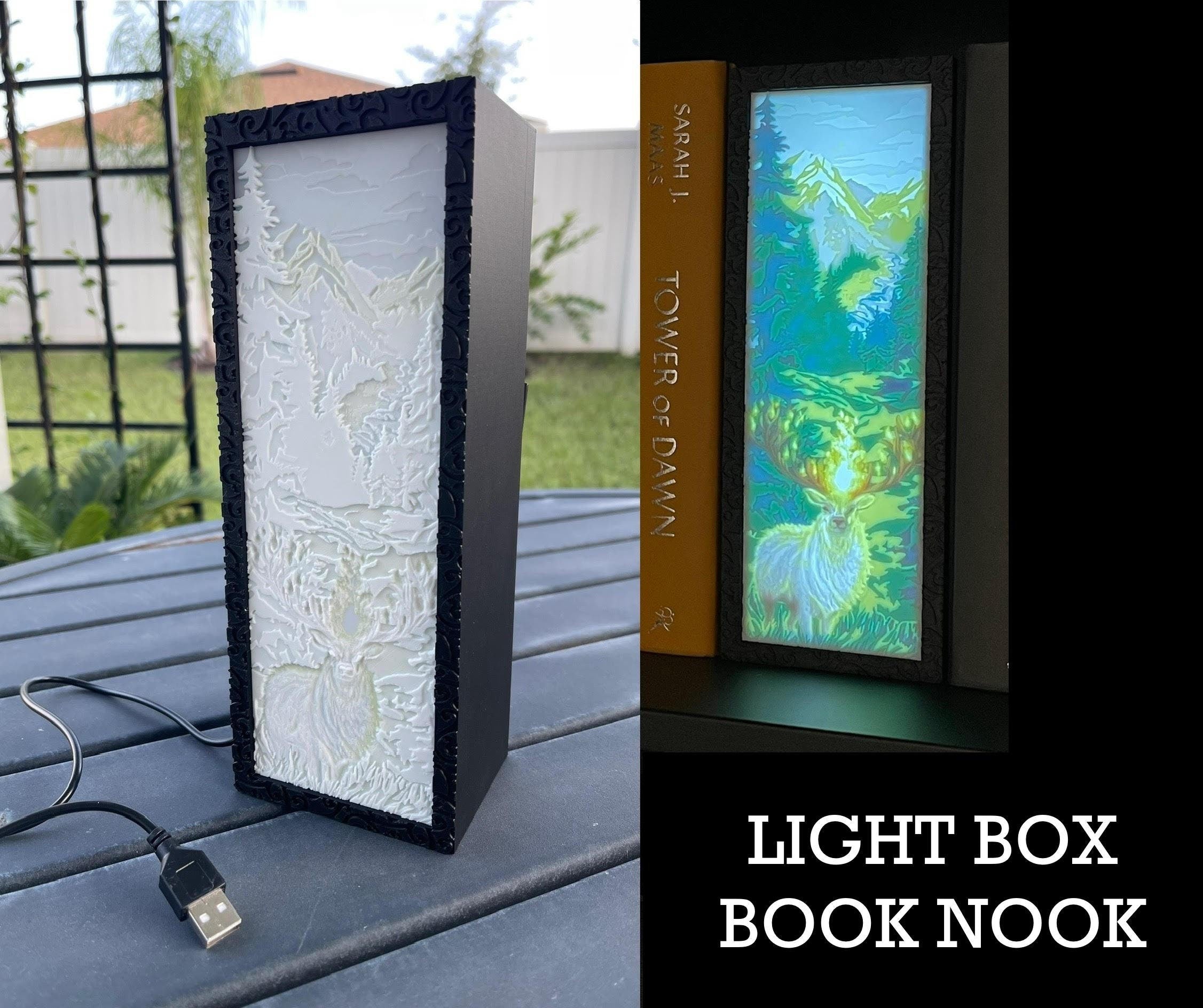 White Stag Light Box Book Nook - 3D Printed Bookshelf Decor-Create Fantasy Crafts