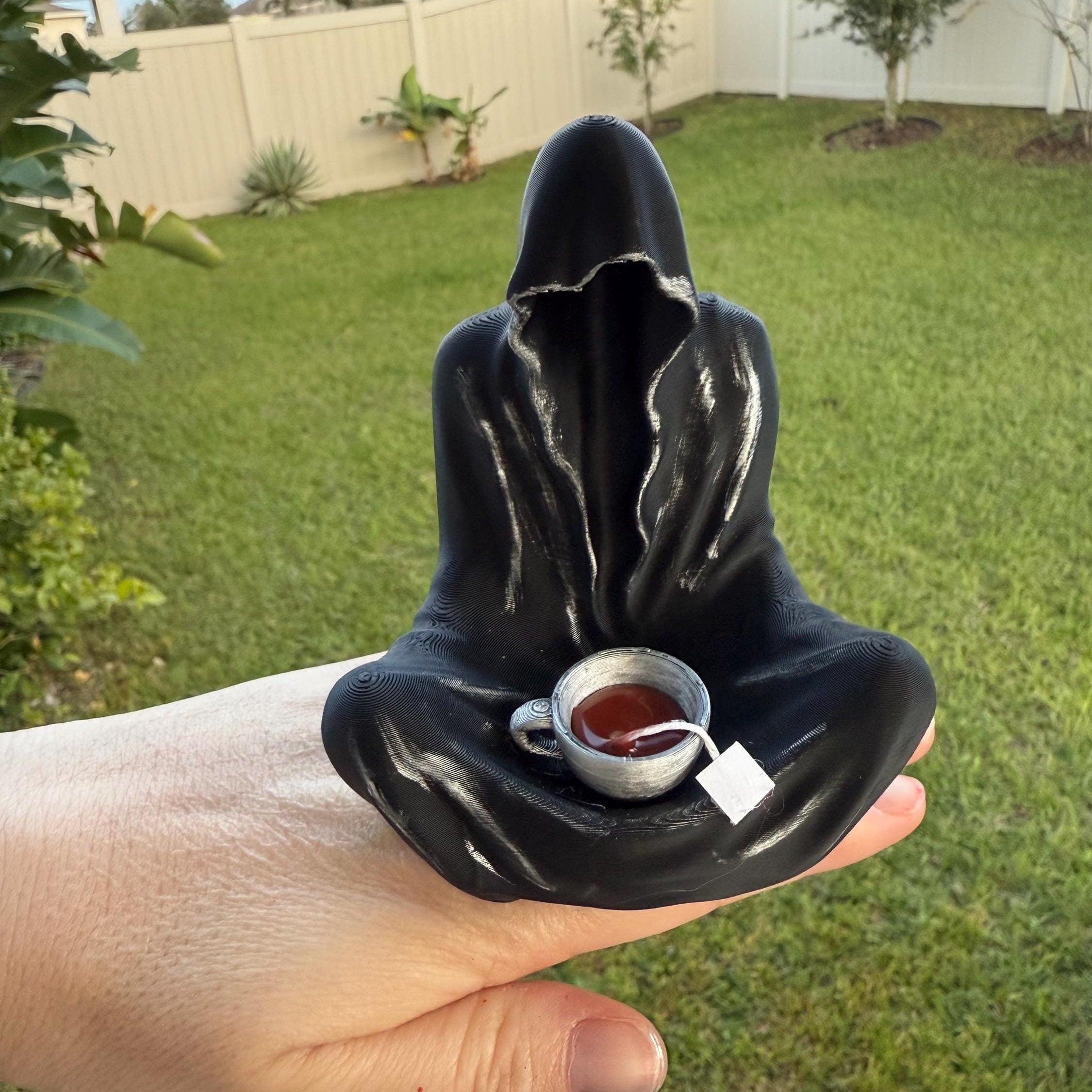 Sitting Ghost Figure with Attached Tea Cup - 3D Printed - Hand Painted-Create Fantasy Crafts