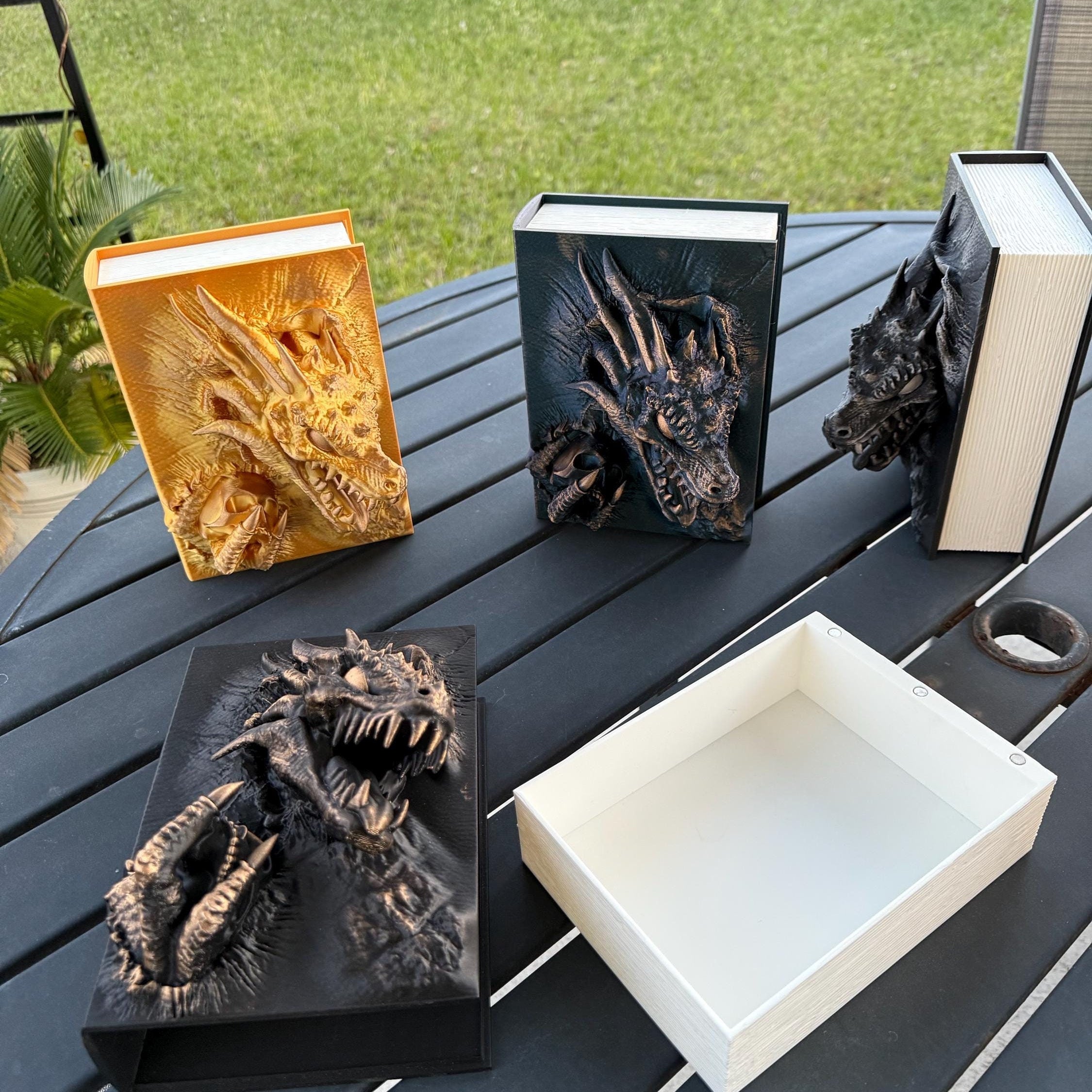 Dragon Book Storage Box 3D Printed - Metallic Wax Finish - Stash Box Storage D&D Dice Card Box-Create Fantasy Crafts