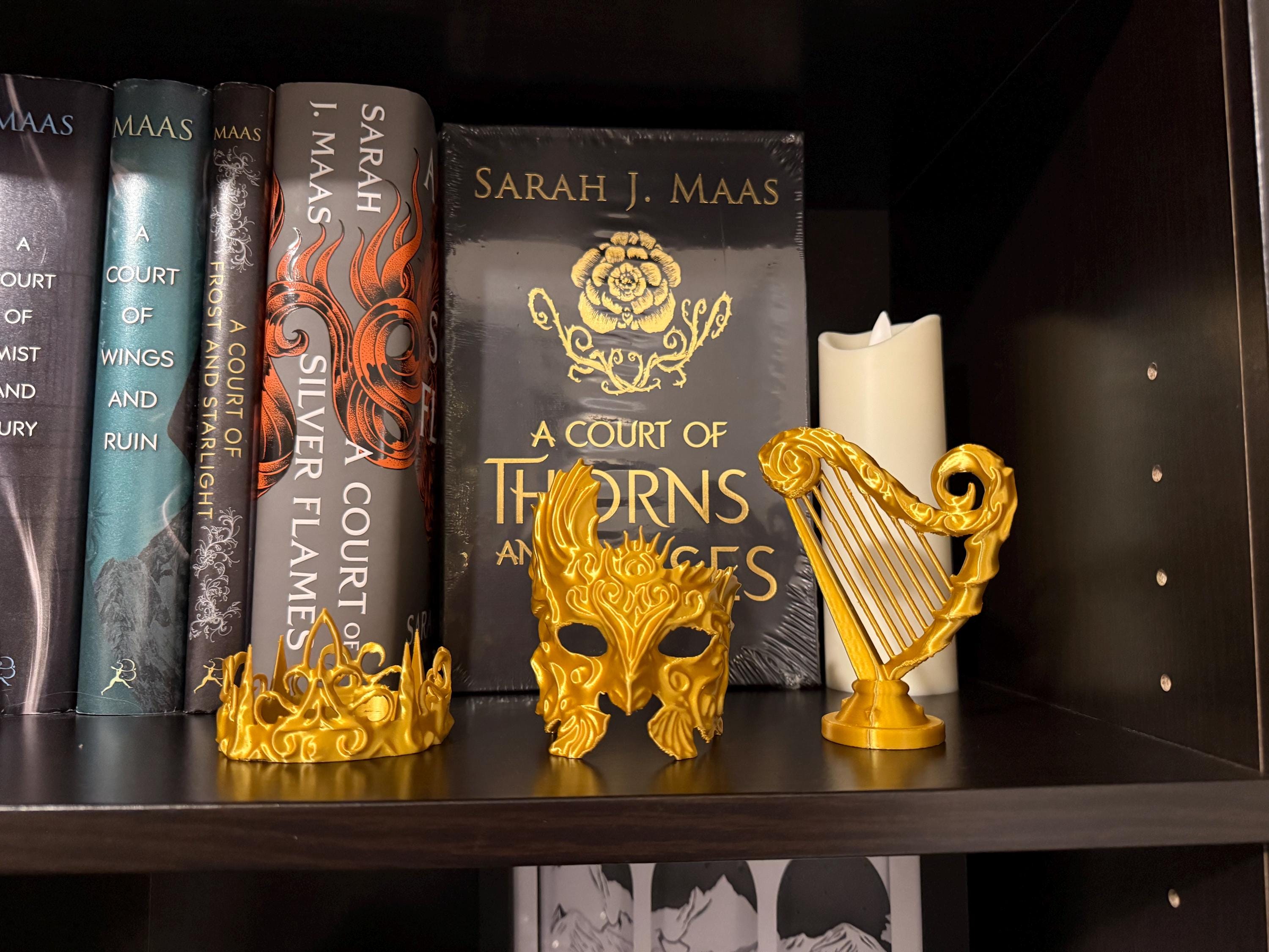 Golden Trove - Crown Mask and Harp - 3d printed - Bookshelf Decor-Create Fantasy Crafts