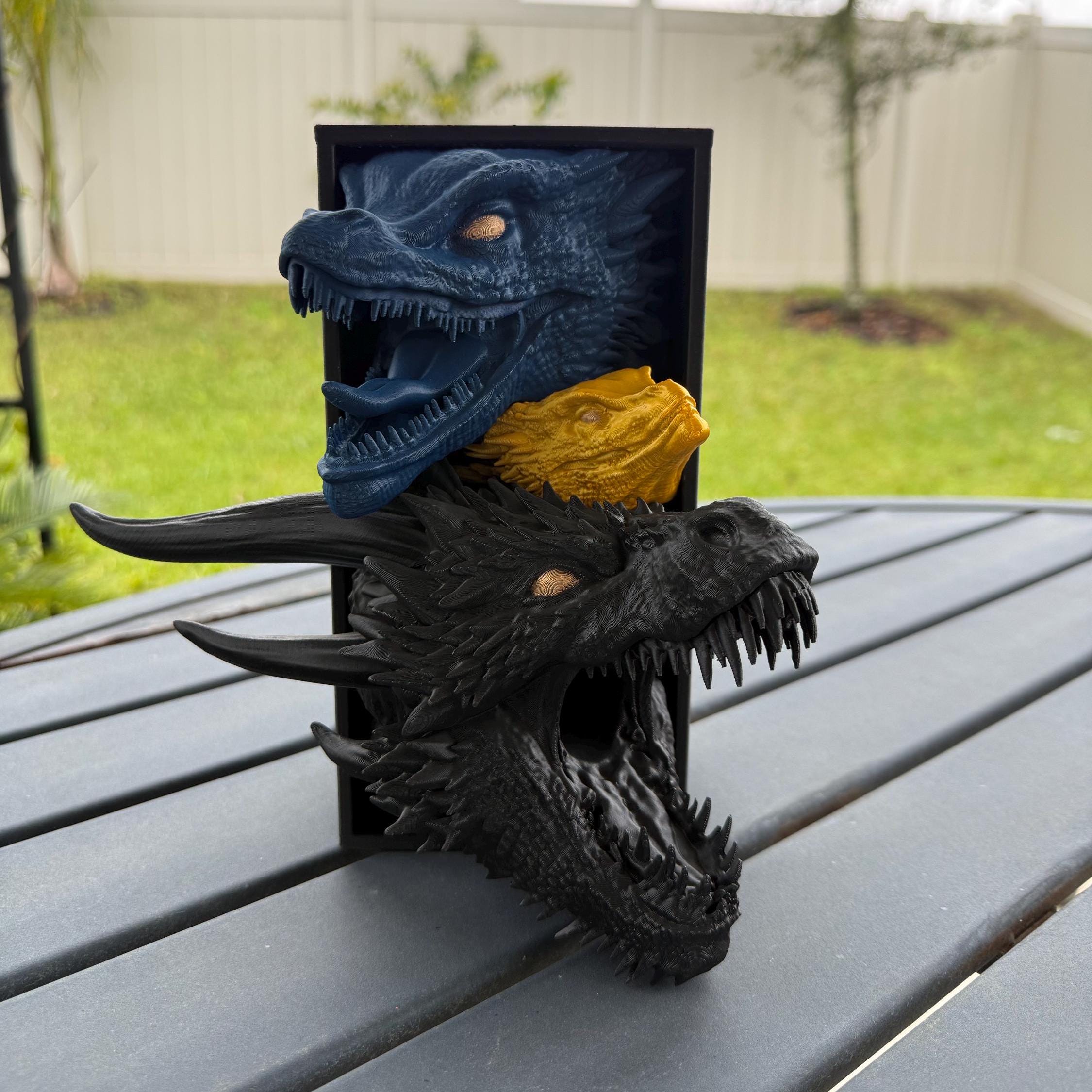 Three Dragon Book Nook With or Without Removable Flame 3D Printed Choose Color Fantasy Horror Book Shelf Decor Book End 4x8-Create Fantasy Crafts
