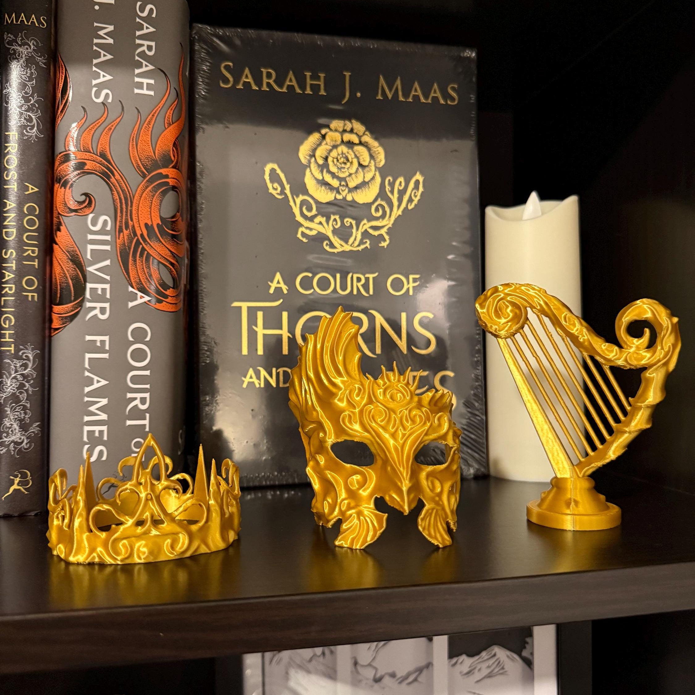 Golden Trove - Crown Mask and Harp - 3d printed - Bookshelf Decor-Create Fantasy Crafts