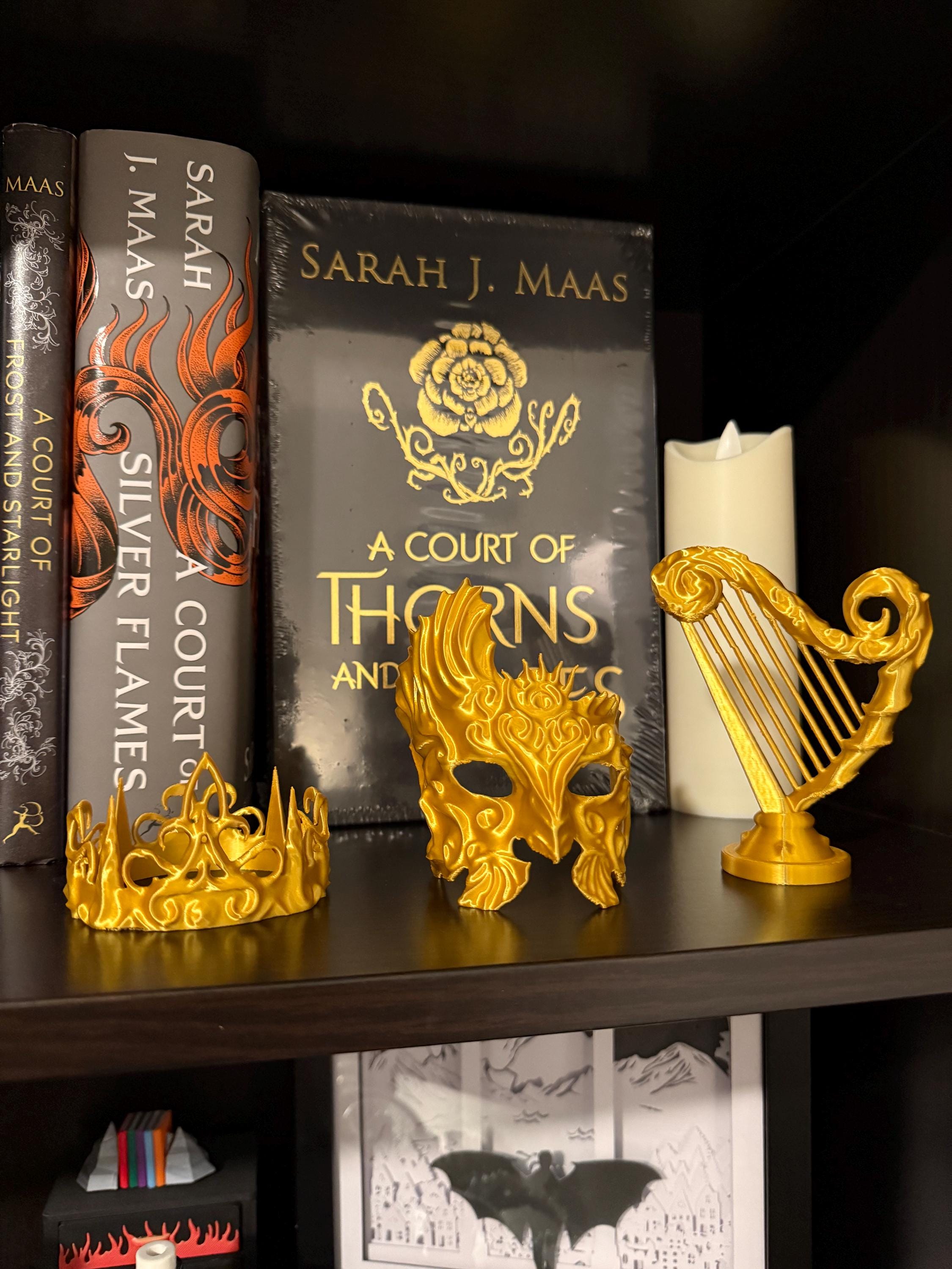 Golden Trove - Crown Mask and Harp - 3d printed - Bookshelf Decor-Create Fantasy Crafts