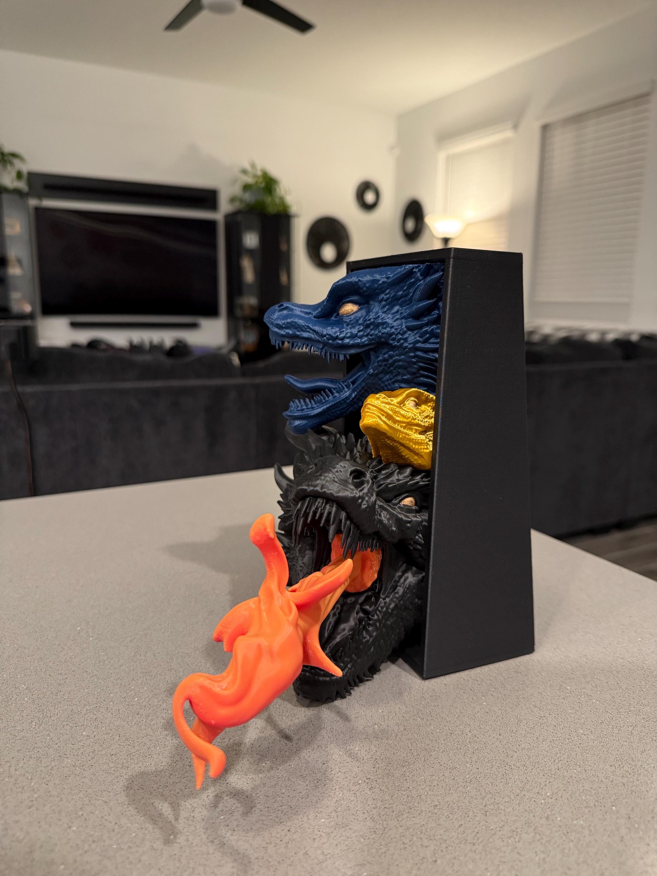 Three Dragon Book Nook With or Without Removable Flame 3D Printed Choose Color Fantasy Horror Book Shelf Decor Book End 4x8-Create Fantasy Crafts